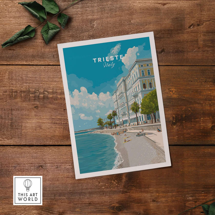 Trieste Italy beach scene poster showcasing stunning coastal views and vibrant colors on a wooden background.