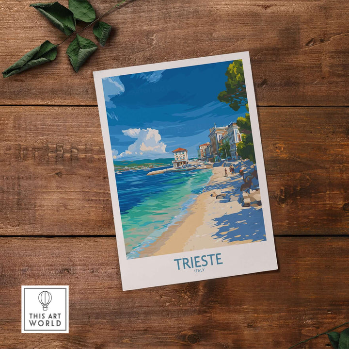 Trieste Italy beach poster showcasing serene Mediterranean coast and vibrant seaside colors.