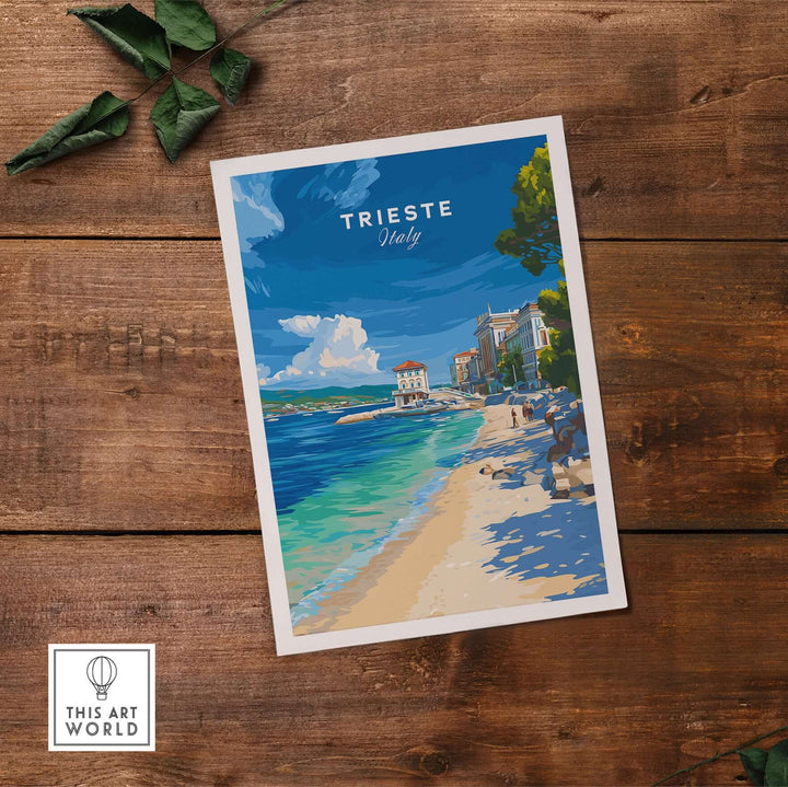 Trieste Italy beach print showcasing vibrant coastline and Mediterranean charm for wall art decor.