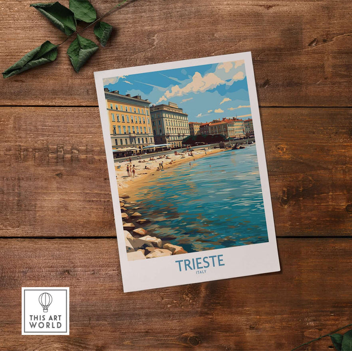 Trieste Italy wall art travel poster featuring coastal view and historic architecture in vibrant colors.