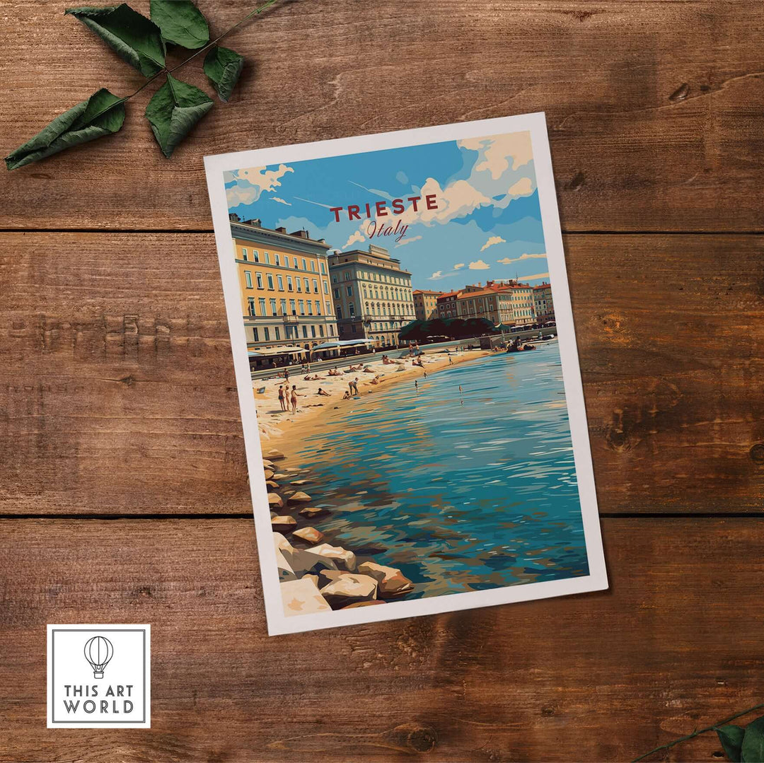 Trieste poster featuring scenic views of Italy's coastline and landmarks, perfect for travel enthusiasts.