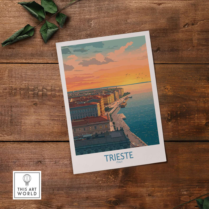 Trieste Italy wall art print showcasing a vibrant sunset over the waterfront, perfect for adding charm to any room.