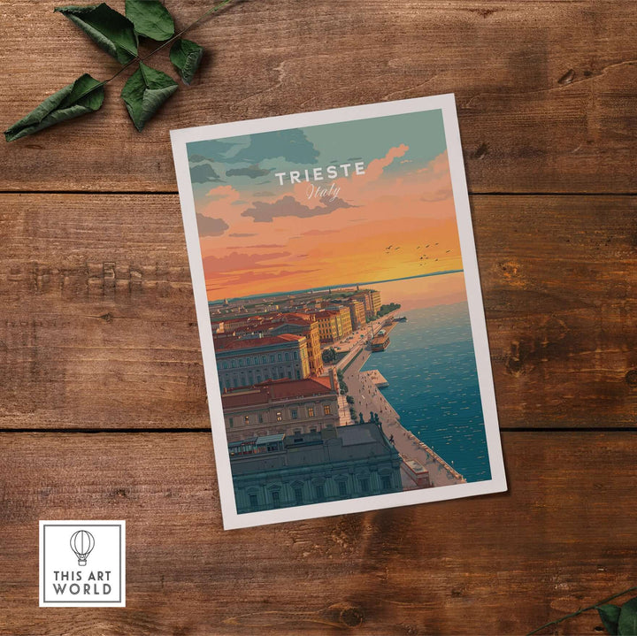 Trieste coastal sunset skyline poster featuring Adriatic seascape and vibrant sunset colors on wooden background.