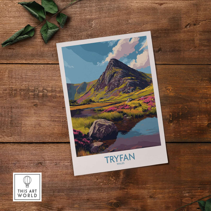 Tryfan Wales Heather Fields Peak Poster featuring vibrant landscapes and rugged mountains, perfect for Welsh decor.