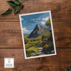Tryfan Poster Wales Rocky Mountain Art - Scenic Welsh Highlands Print on wooden background