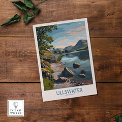 Ullswater Lake District Mountain Vista Poster - UK Hiking Trail Decor displayed on wooden surface.