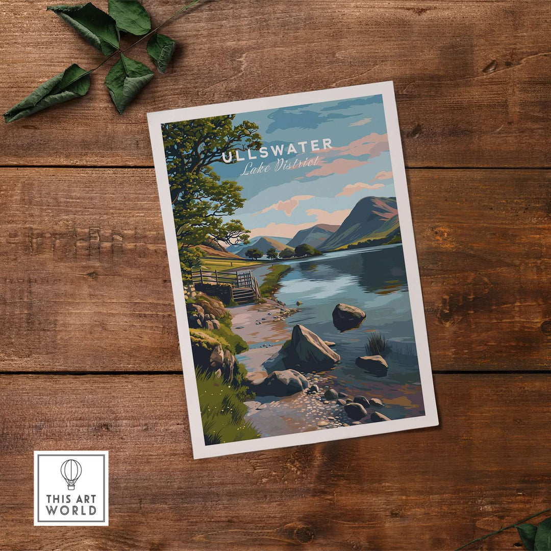 Ullswater Lake District lakeside path print featuring a serene landscape and stone wall decor.