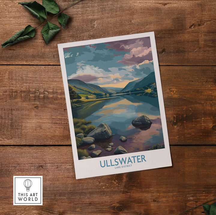 Ullswater Lake District poster featuring serene lake view and scenic landscape decor on rustic wooden background.