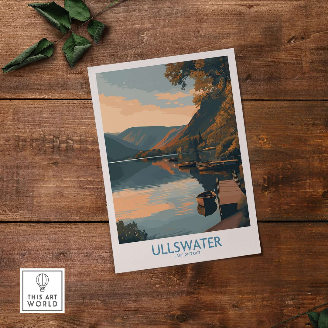 Ullswater Lake District boat moorings wall art capturing a serene sunset over tranquil waters, perfect for countryside decor.