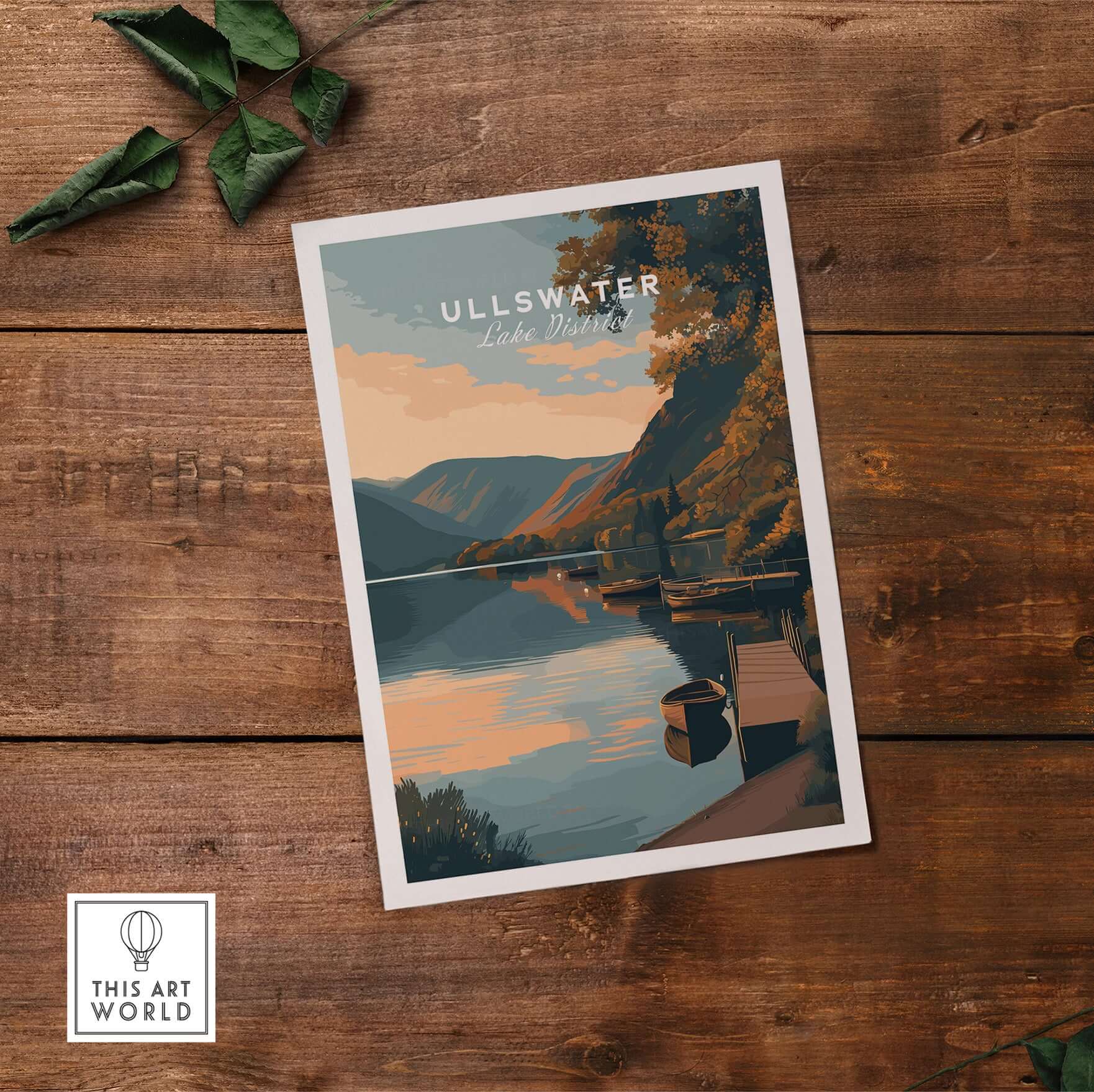 Ullswater Lake District Lakeside Boats Poster - Tranquil Dock Scene Print on wooden background.