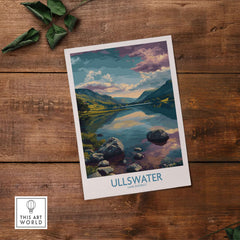 Ullswater Lake District Rocky Shoreline Poster - UK Nature Travel Decor on wooden background.