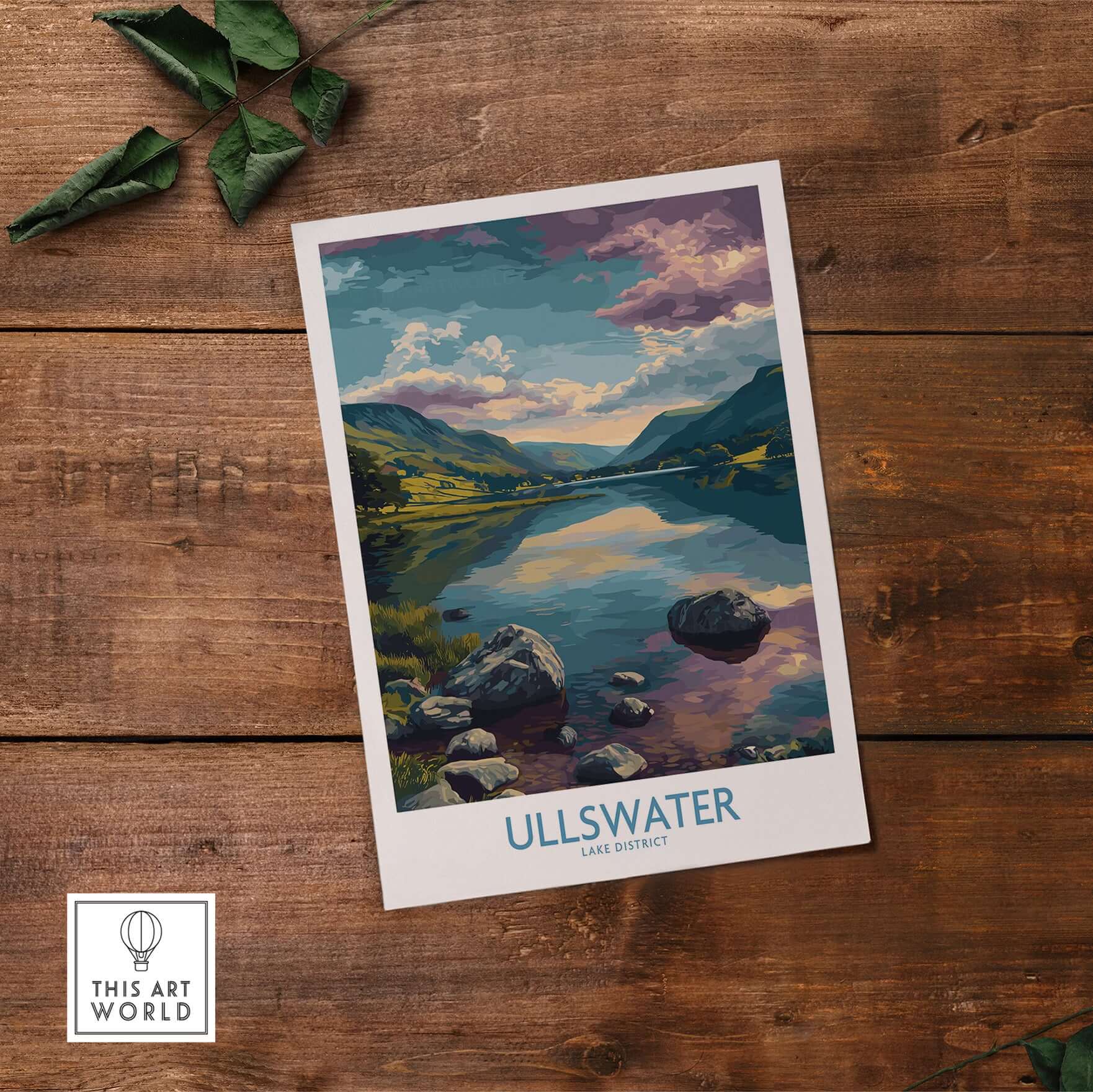 Ullswater Lake District Rocky Shoreline Poster - UK Nature Travel Decor on wooden background.