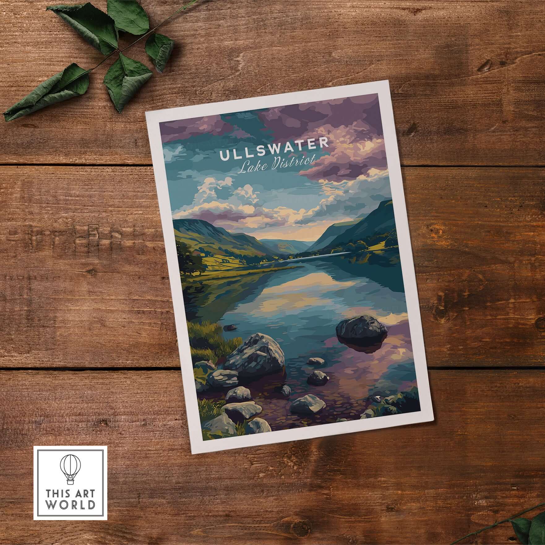 Ullswater Lake District Mountain View Reflection Print - Serene Lake Wall Art on wooden background