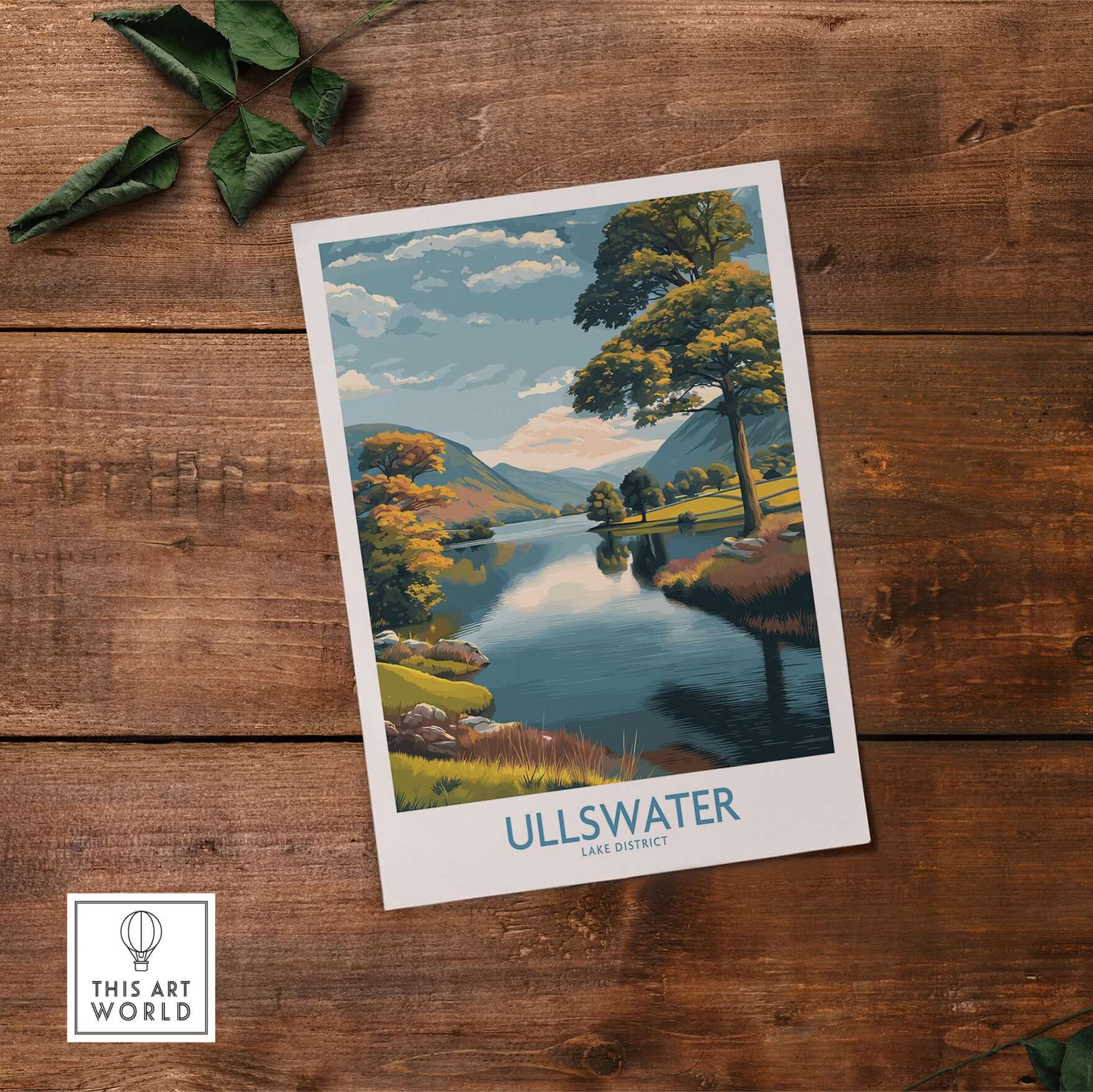 Ullswater Lake District Autumn Trees Landscape Wall Art - UK Lake District Decor on wooden background