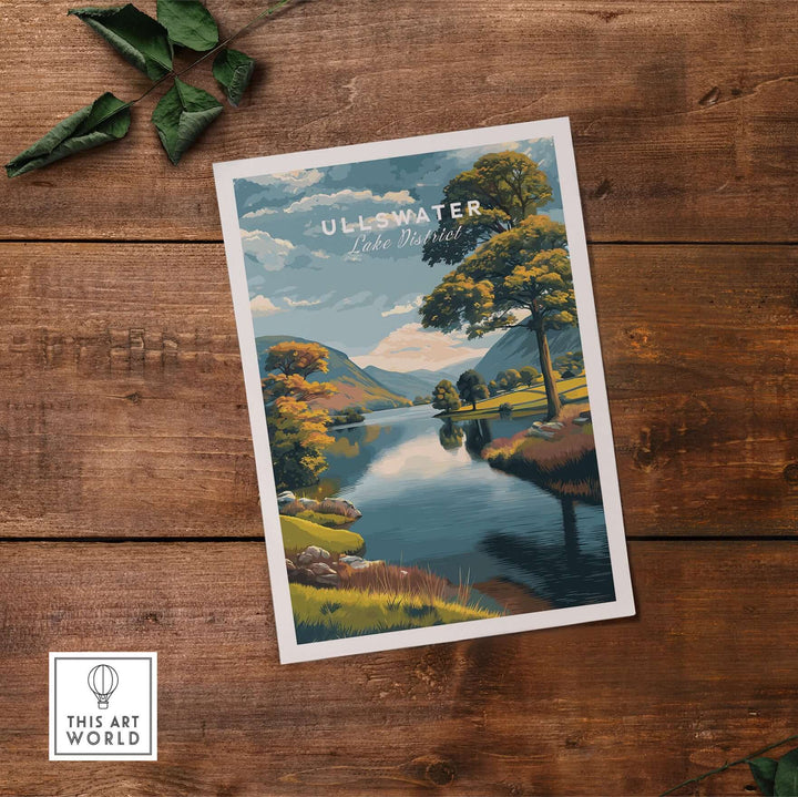Ullswater Lake District poster with green trees by calm waters, showcasing English countryside beauty.