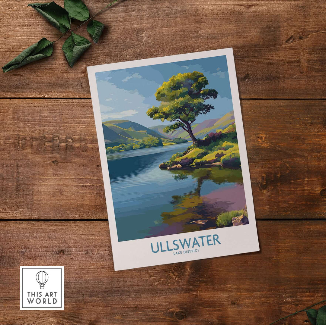 Ullswater Lake District poster featuring a serene green hillside and calm waters, perfect for UK travel decor.