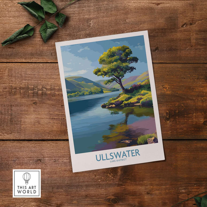 Ullswater Lake District poster featuring a serene green hillside and calm waters, perfect for UK travel decor.