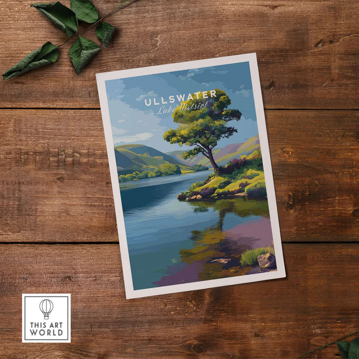 Ullswater Lake District solitary tree print on wooden background, capturing lakeside reflection and serene landscape.