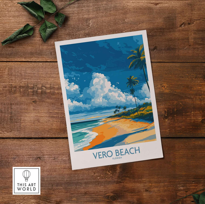 Vero Beach coastal landscape print featuring palm trees and ocean waves, vibrant Florida travel decor.