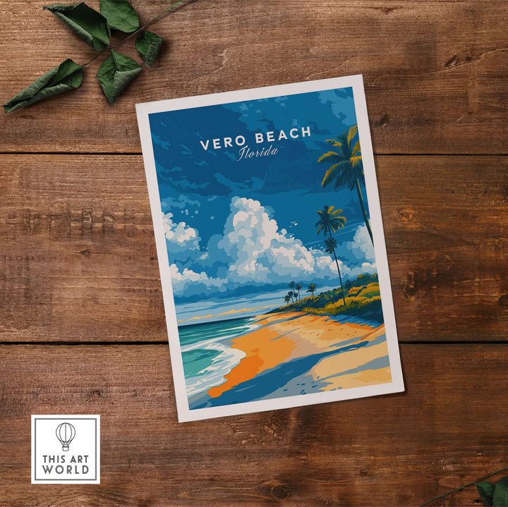 Vero Beach Florida palm tree beach poster featuring vibrant coastal seascape artwork on wooden background.