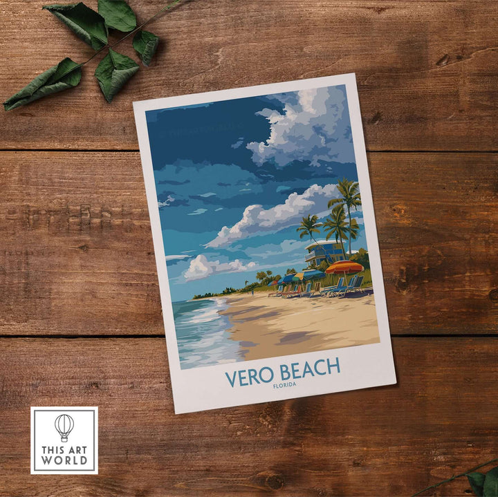 Vero Beach poster featuring sunny umbrellas and loungers, capturing Florida vacation vibes on a wooden background.