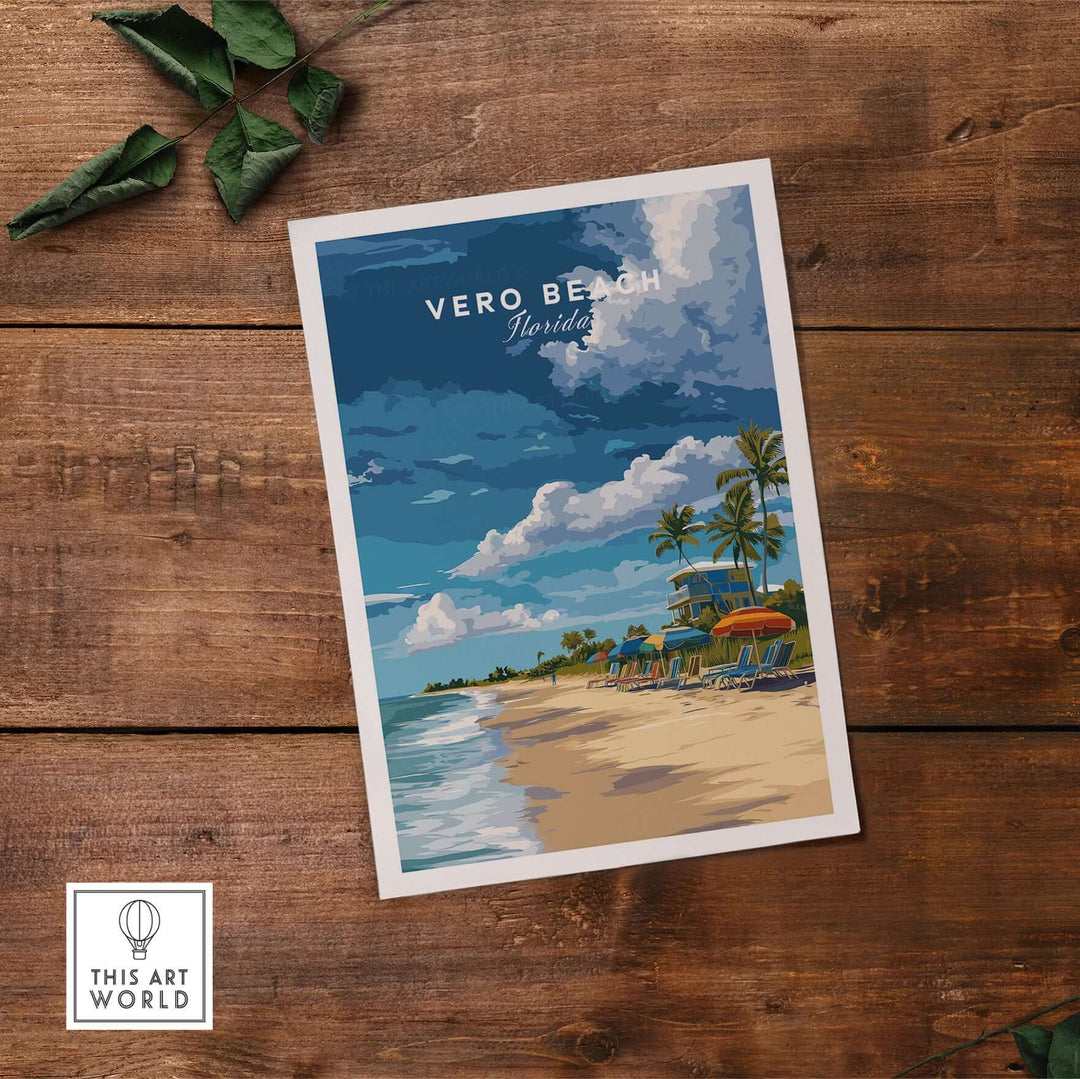Vero Beach Florida beachfront resort print featuring palm trees and a sunny shoreline, perfect coastal wall art.