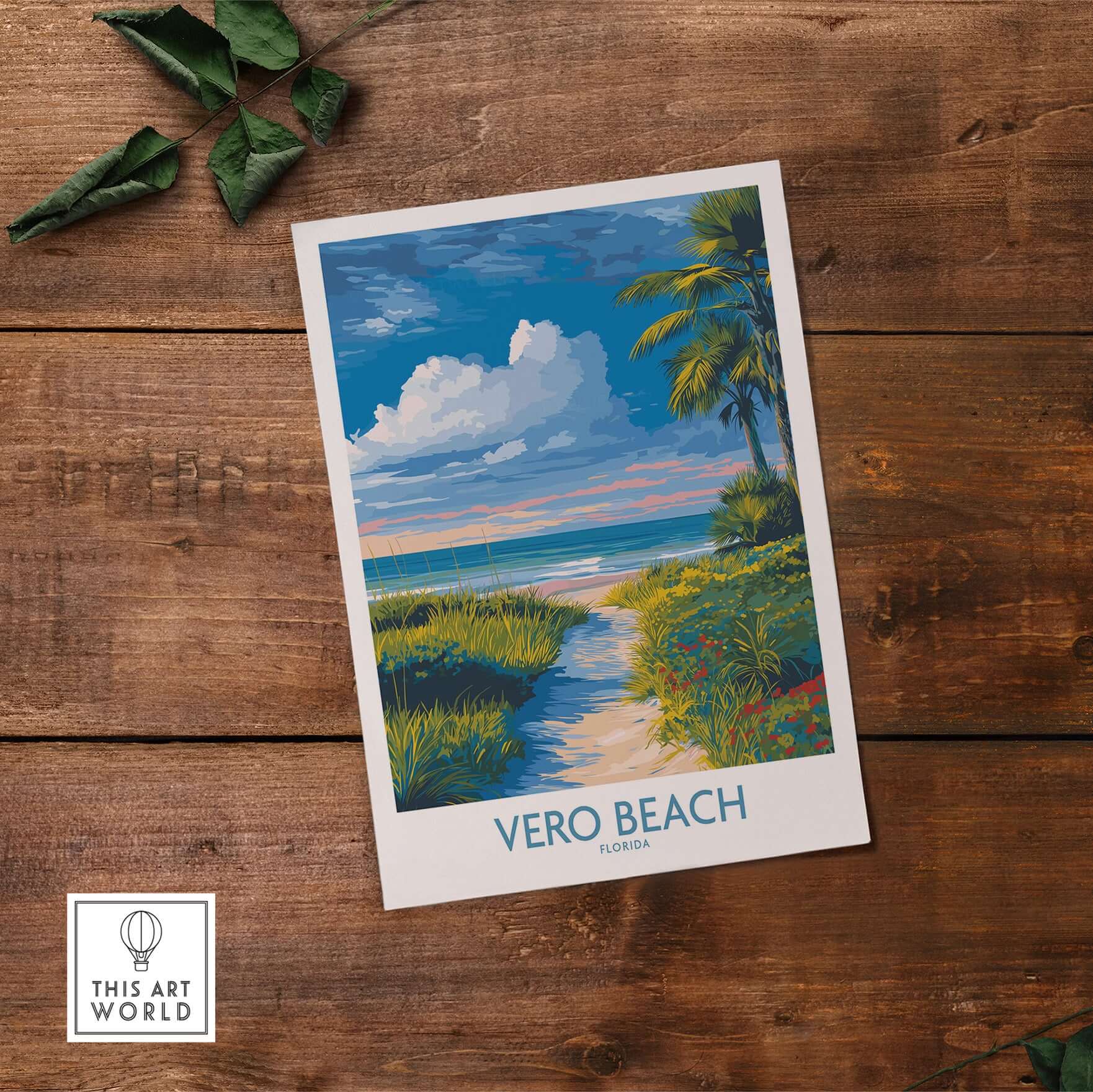 Vero Beach Ocean View Poster - Florida Nature Decor showcasing a colorful coastal scene with palm trees and ocean view.