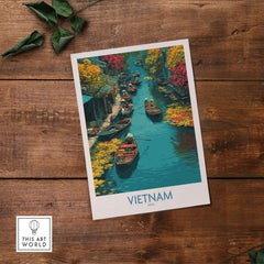 Vietnam Poster - Southeast Asia Travel Print featuring colorful boats and vibrant scenery in a tranquil canal.