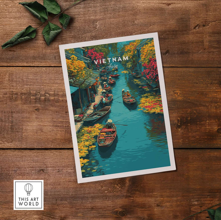 Vietnam Hoi An Canal Boats print featuring colorful boats on a serene river, ideal for traditional wall art decor.