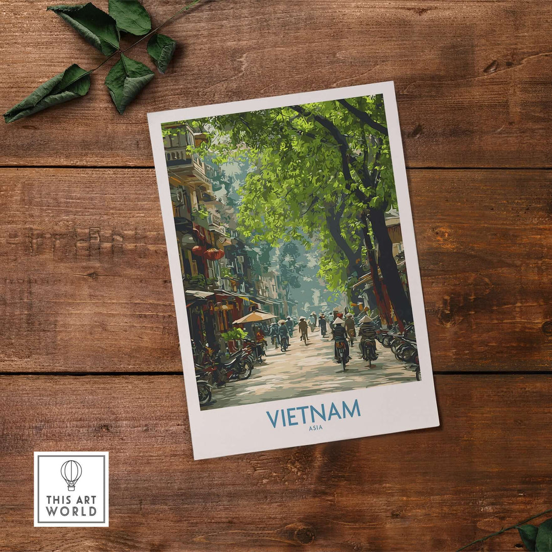 Vietnam print showcasing a traditional Asian street scene with bicycles and lush greenery on a wooden table.