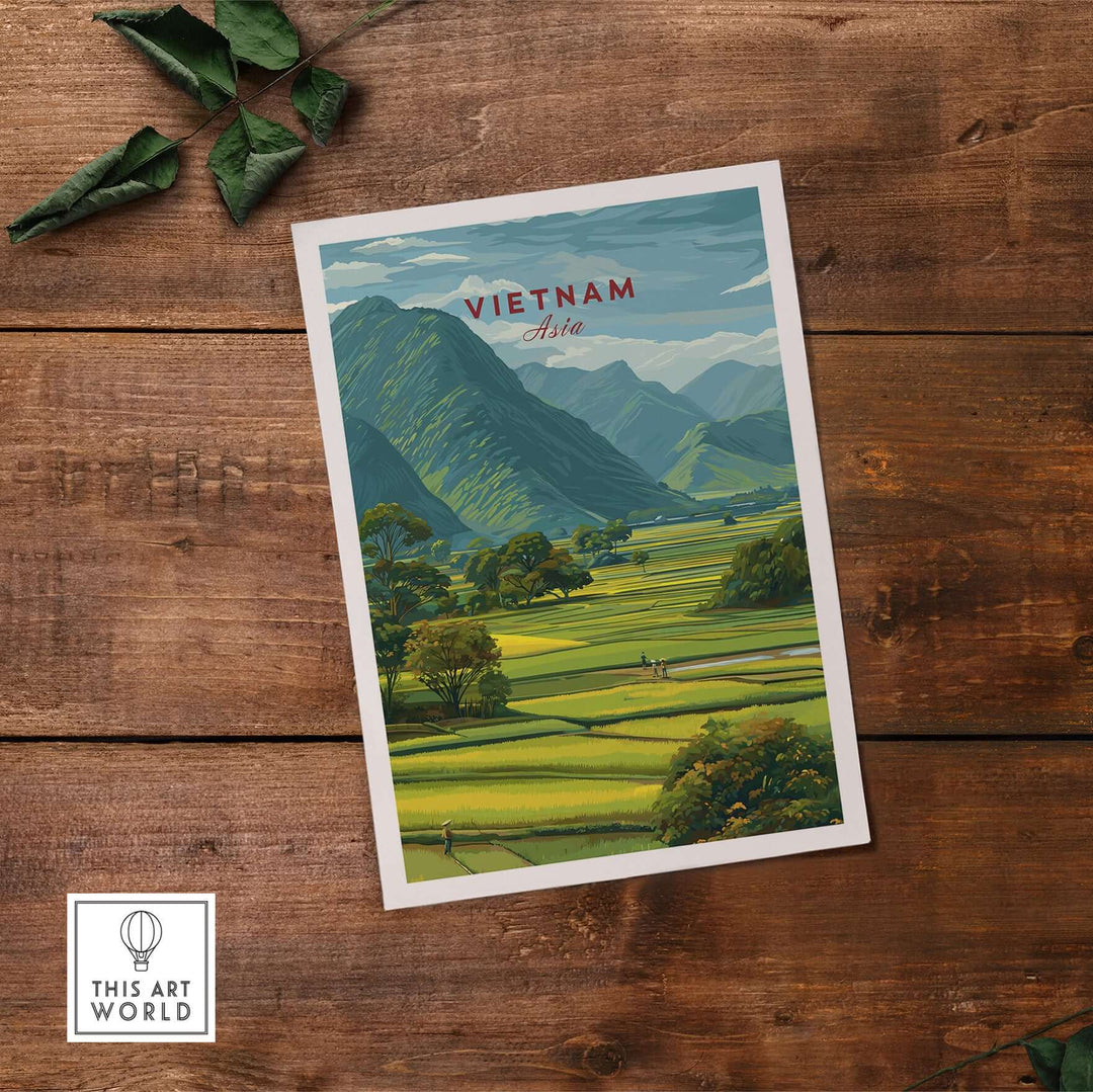 Vietnam rice fields landscape print showcasing serene rural mountain panorama.