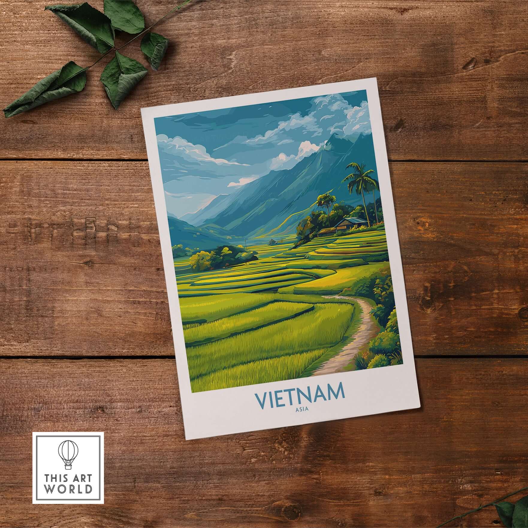 Vietnam Art Print - Southeast Asian Nature Poster showcasing lush rice terraces and mountains in Vietnam.