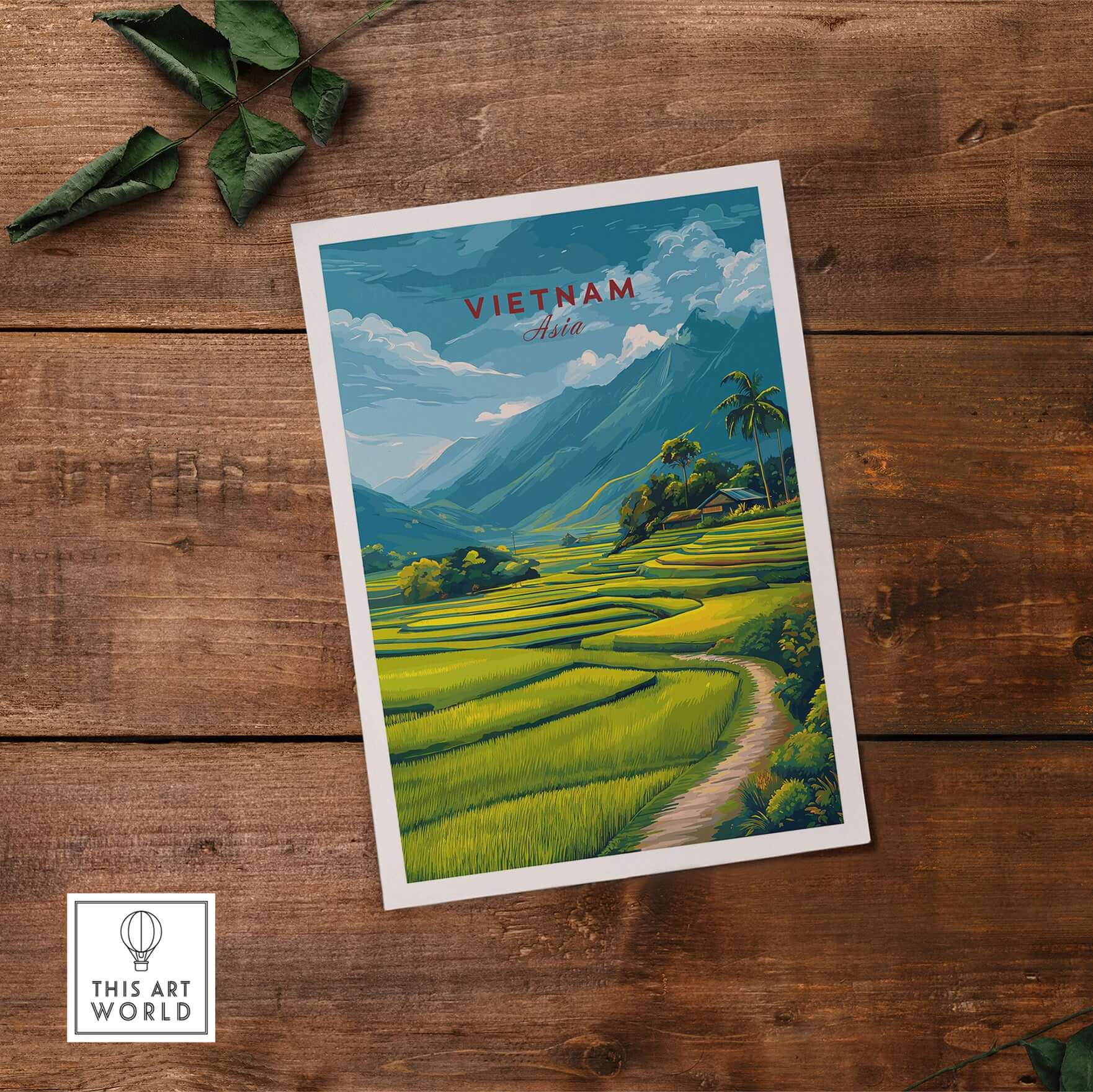 Vietnam Travel Poster showcasing lush rice terraces and mountains in vibrant colors.