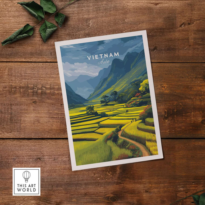 Vietnam rice terraces poster featuring vibrant green fields and majestic mountains for nature lovers.