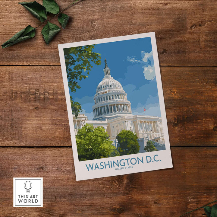 Washington D.C. Capitol Hill poster featuring the iconic Capitol building against a blue sky.