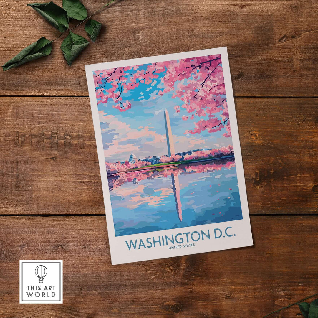 Washington D.C. wall art print featuring the Washington Monument and cherry blossoms on a wooden background.