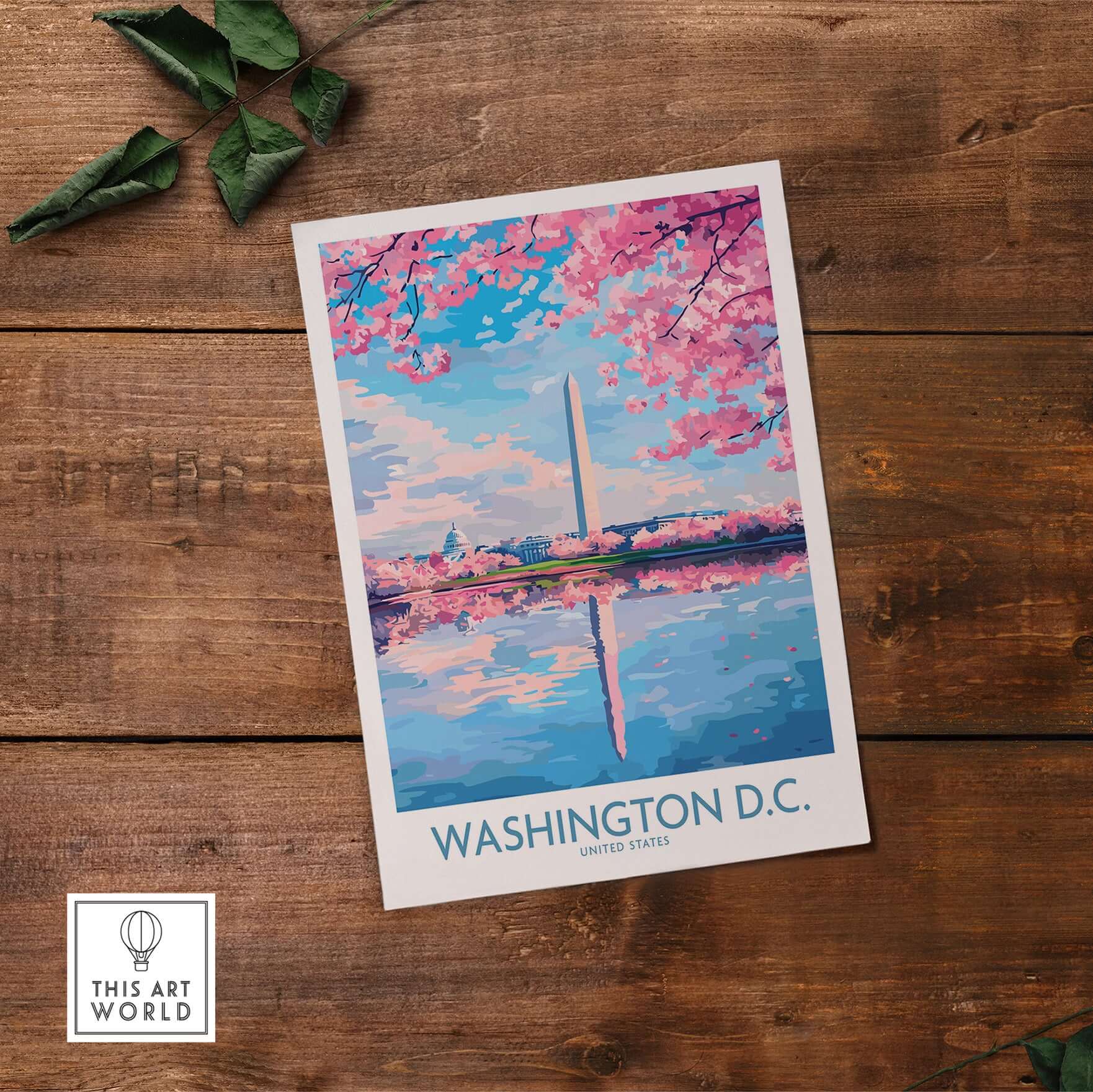 Washington D.C. Wall Art - Travel Print featuring the Washington Monument with cherry blossoms reflected in water.