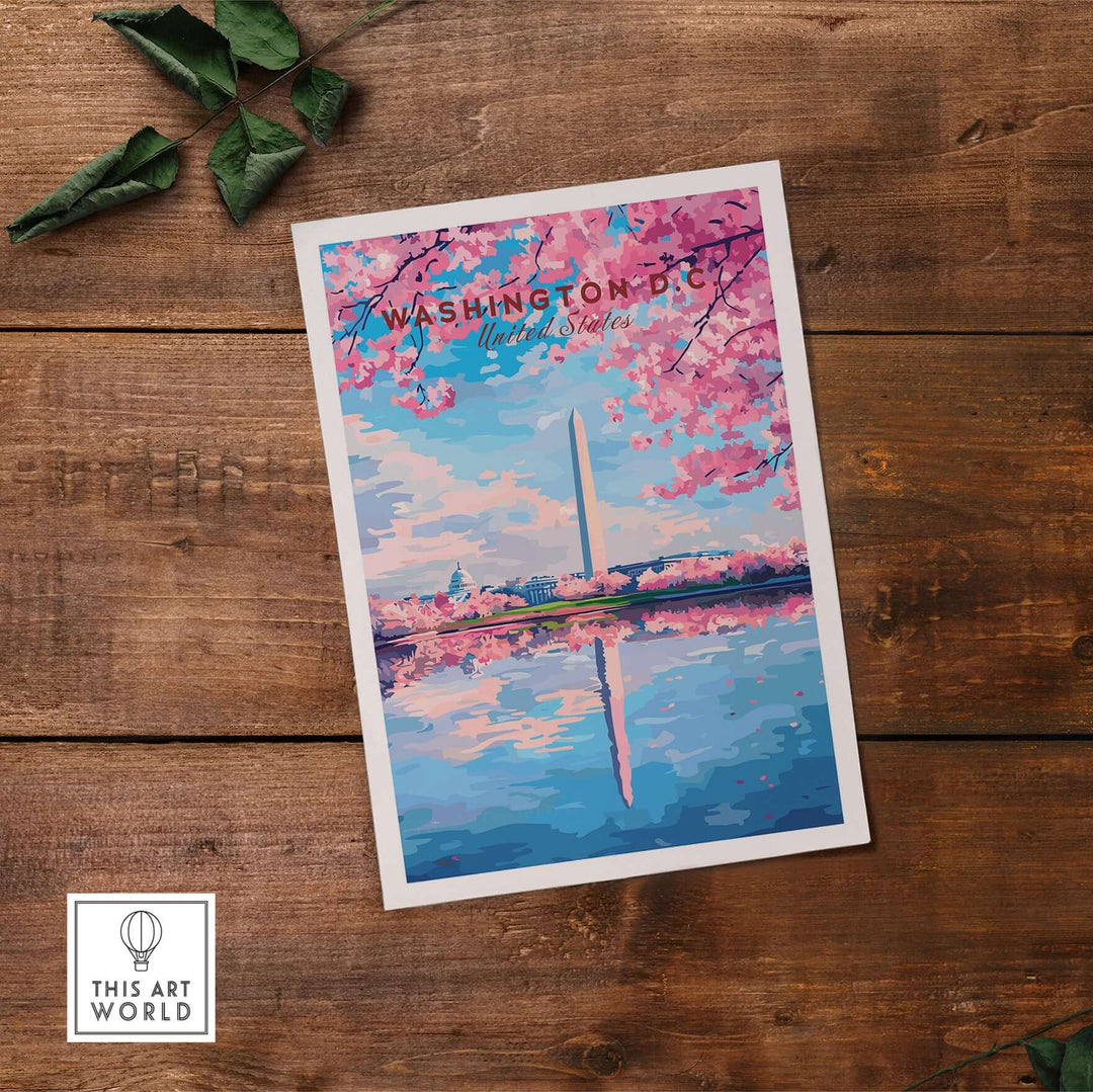 Washington D.C. Cherry Blossom poster featuring the Jefferson Memorial and reflecting water scene.