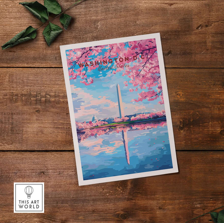 Washington D.C. Cherry Blossom poster featuring the Jefferson Memorial and reflecting water scene.