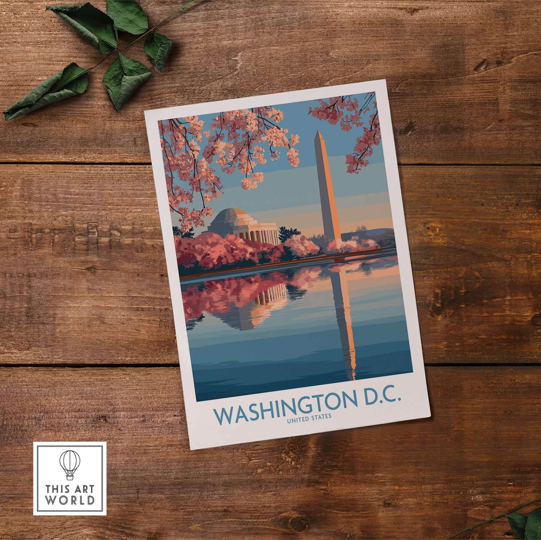 Washington D.C. Cherry Blossom Poster featuring iconic landmarks and cherry blossoms reflecting on the water.