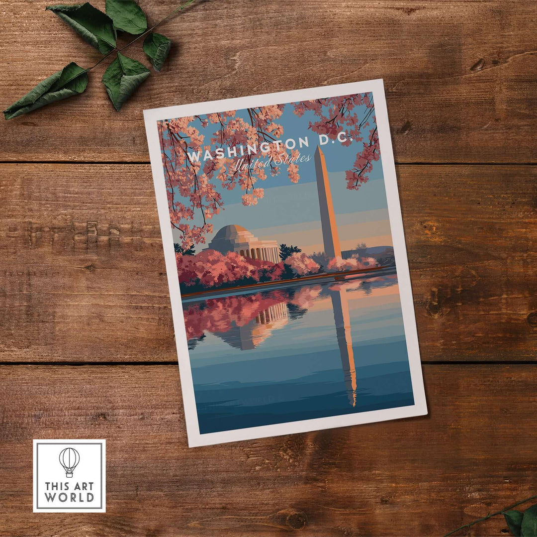 Washington D.C. poster featuring Jefferson Memorial and Washington Monument with cherry blossoms, perfect for wall art.