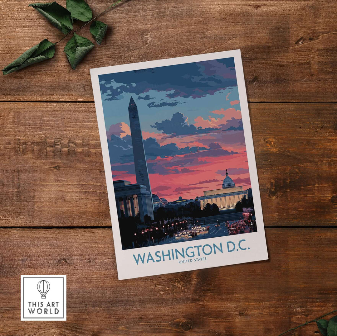Vibrant Washington D.C. wall art print showcasing the skyline at sunset with the Washington Monument and Capitol Building.