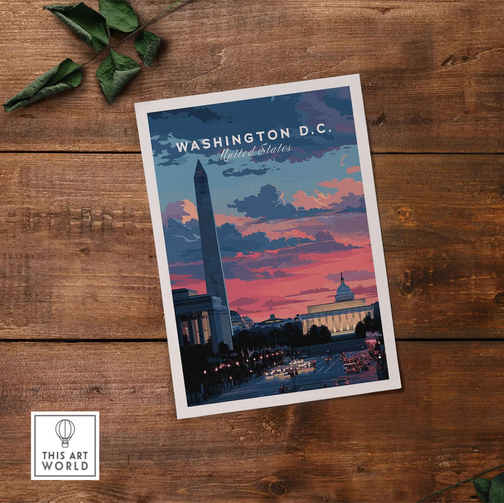 Washington D.C. sunset poster featuring the Washington Monument and Capitol Building skyline in vibrant colors.