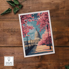 Washington D.C. Cherry Blossom Capitol Print - Springtime US Landmark Poster showcasing the Capitol surrounded by cherry blossoms.