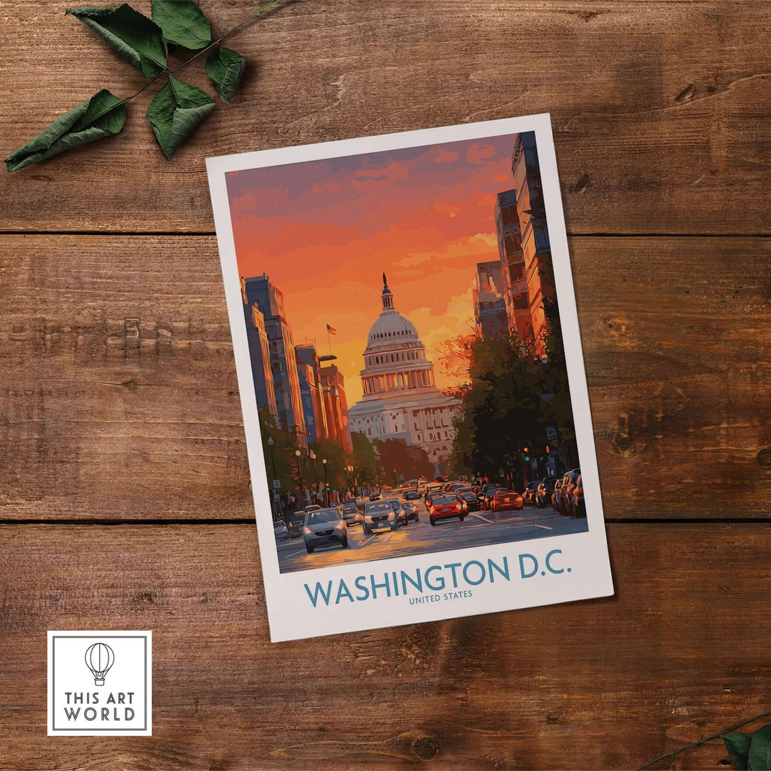 Washington D.C. cityscape poster featuring US Capitol at dusk, vibrant twilight colors, urban decor.