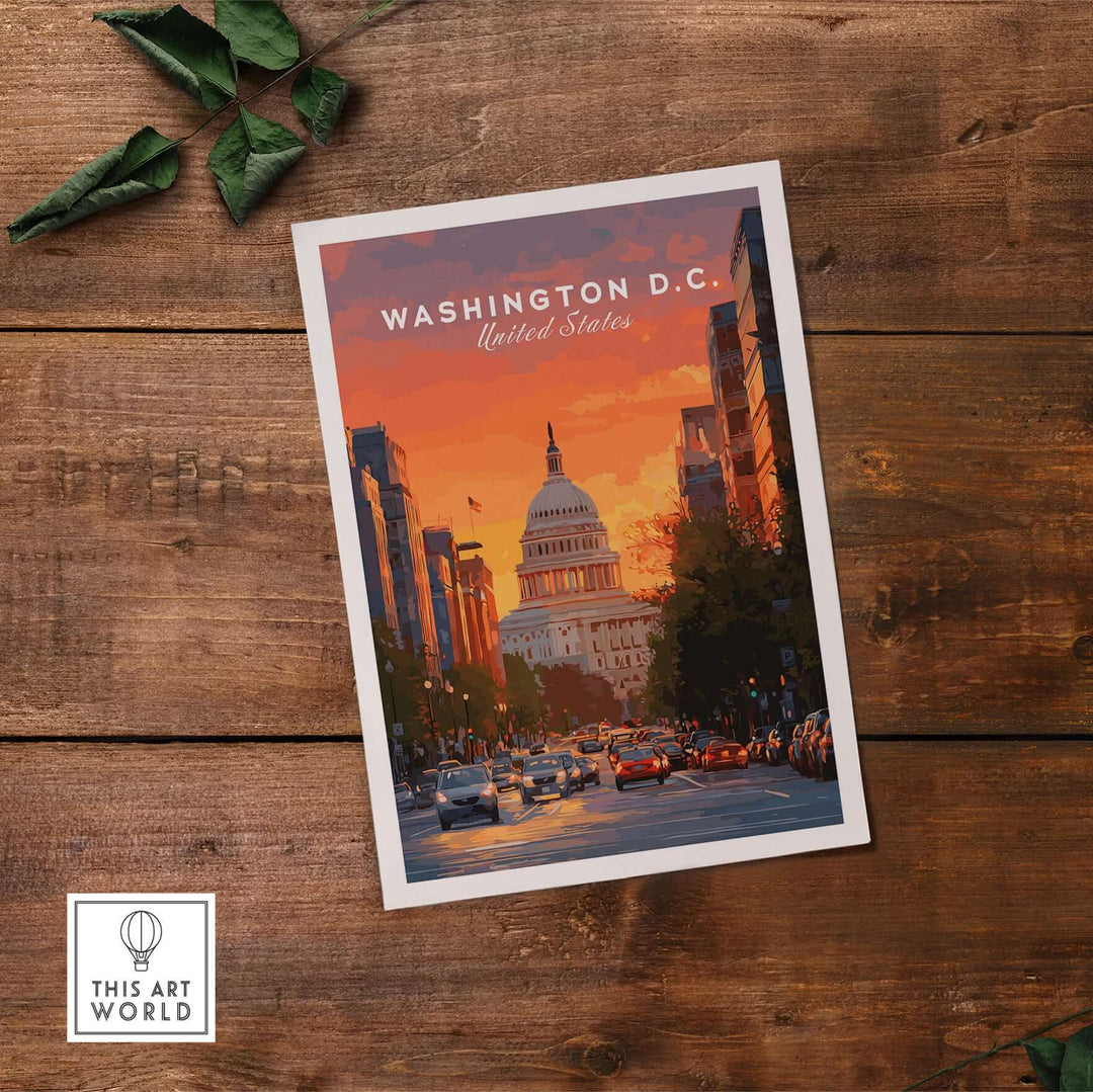 Washington D.C. Capitol Building sunset print, American landmark wall art on wooden table.