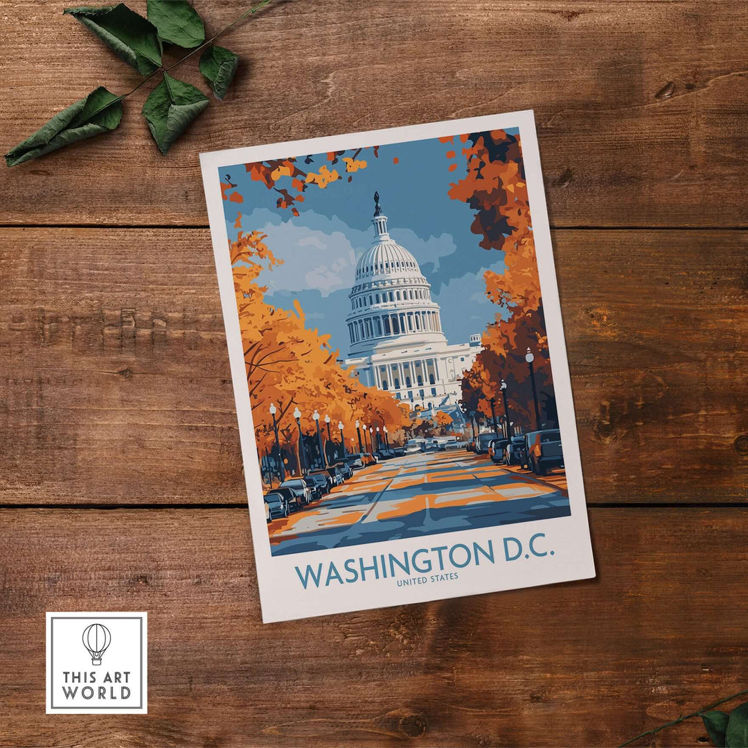 Washington D.C. US Capitol Building poster featuring autumn trees and a vibrant cityscape.