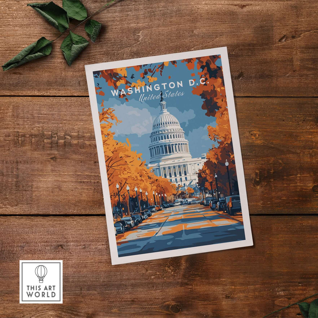 Washington D.C. Capitol building print in autumn colors, showcasing vibrant fall foliage and iconic architecture.