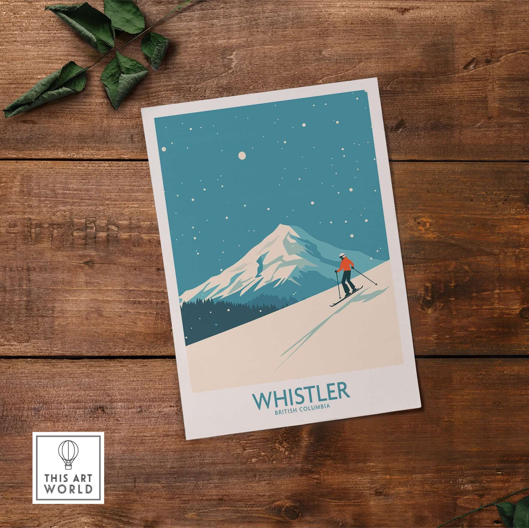 Whistler Wall Art Print featuring a skier on snowy slopes in British Columbia, perfect for ski lovers.