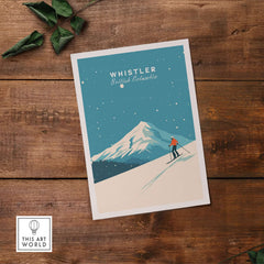 Whistler Ski Poster featuring a skier on a snowy mountain, capturing the beauty of Whistler, British Columbia.